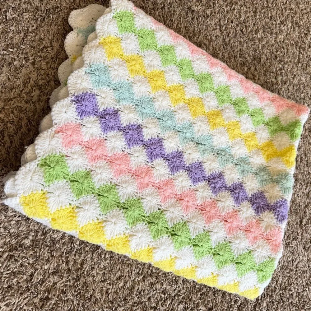 Handmade Crochet Baby Afghan Crib Blanket Pastel Crocodile Shell Stitch
